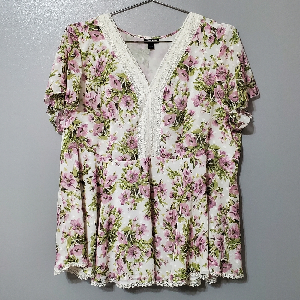 Torrid Pink Floral V-Neck Babydoll Sheer Blouse Size 1